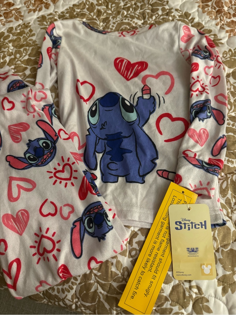 Disney White Pajama Set with Blue Stitch and Pink Heart Accents